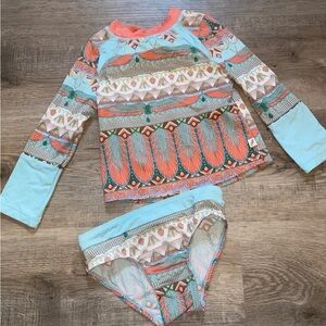 Floatimini Coral & Aqua Patterned Long Sleeve Rashguard Swim Set